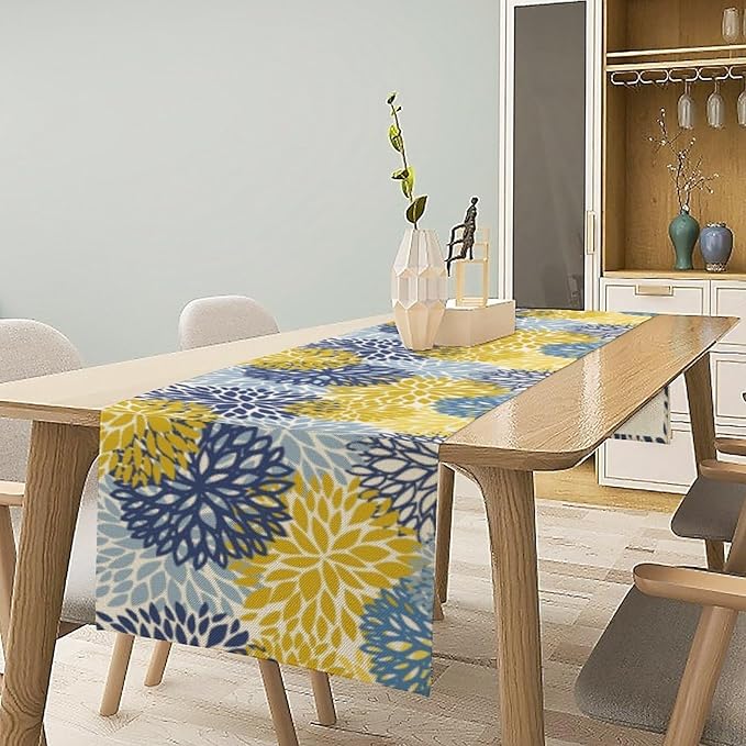 Navy Blue Dahlia Table Runner,Rustic Farmhouse Floral Modern Art Table Runner for Home Indoor Outdoor Kitchen Holiday Birthday Party Wedding Decor 13x90 Inch