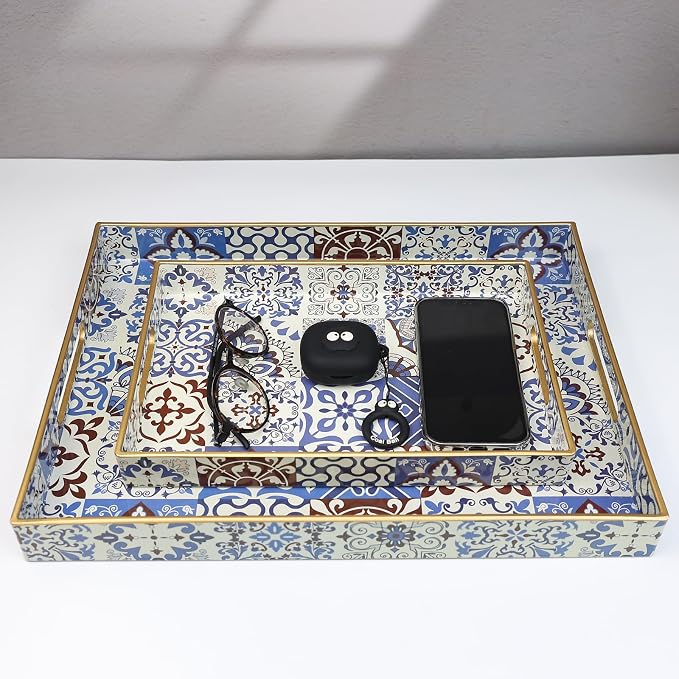 Spsyrine Decorative Serving Tray with Handles, Lacquered Coffee Table Tray for Ottoman, Rectangular Waterproof Platters for Centerpieces, Parties, Living Room, Kitchen Counter Organization SP3040RE1