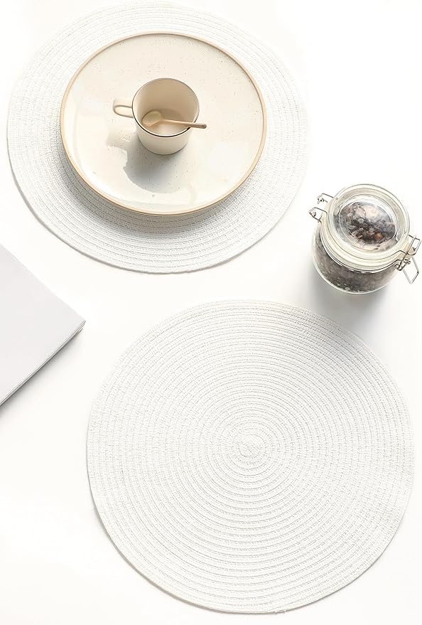 Floroom 15 Inch Round Braided Placemats Set of 4, Washable Heat Resistant Cotton Polyester Circle Place Mats for Kitchen Dining Table - White