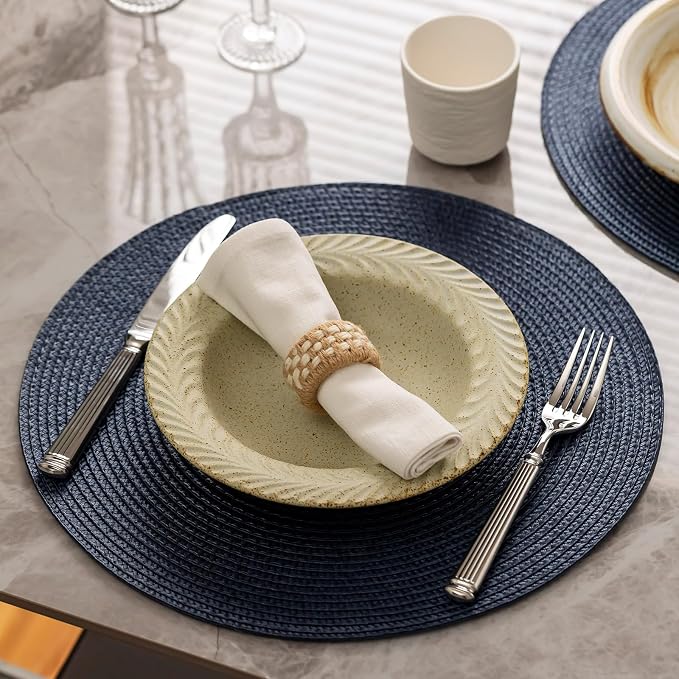 Baroyal Round Placemats Set of 8 Plastic Woven Placemats Washable Wipeable Table Mats for Dining Table Heat Resistant Non-Slip Circle Place Mats (Navy Blue)