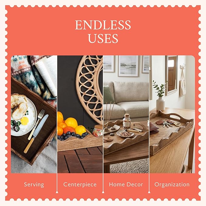 Mela Artisans 14” x 10” x 2.5” Mango Wood Serving Tray with Handles – Ottoman Scallop White Burnt – Medium Handcrafted Wooden Serving Board for Breakfast, Coffee & Home Décor