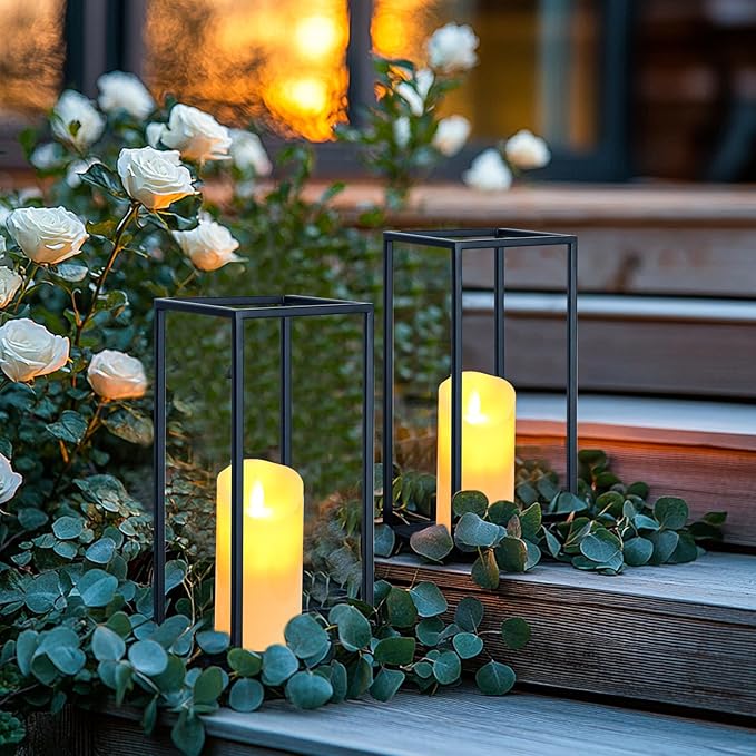 Eufrozy Lanterns Decorative Indoor Set of 2 Black Metal Lantern Candle Holder, Modern Farmhouse Lantern Decor for Christmas Living Room Fireplace Mantle Home Outdoor Patio Table Wedding Porch