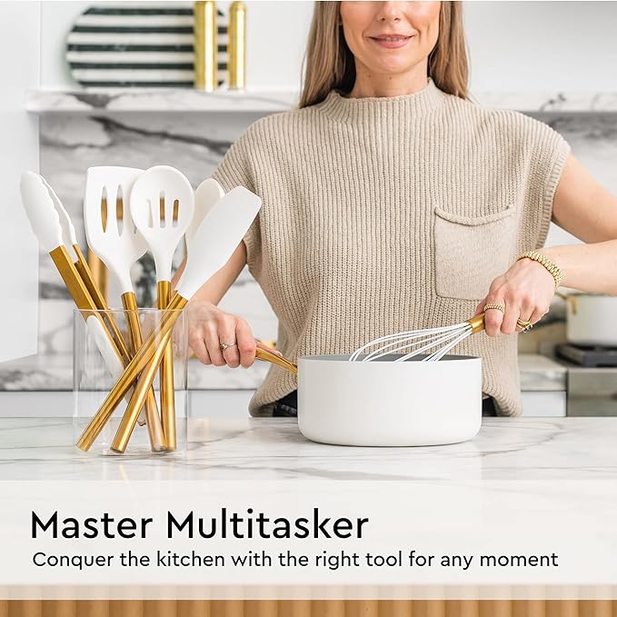 Gold Kitchen Utensils Set – 6 PC White Silicone and Gold Cooking Utensils with Spatula, Whisk, Tongs, Spoons, Cooking Tools for Nonstick Cookware – Luxury Kitchen Accessories for Home Chefs