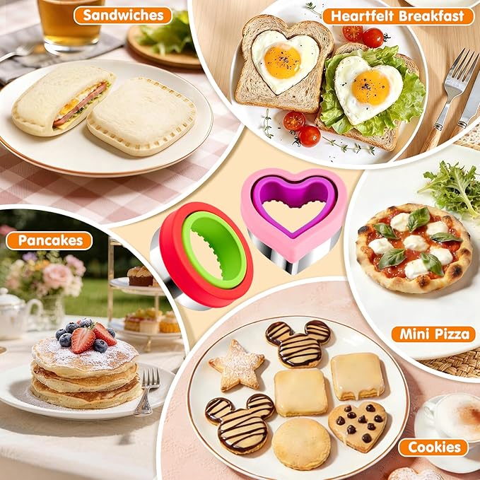 HINZER Sandwich Cutter and Sealer Set 4 Pcs Bread Decruster Sandwich Cutter Pancake Maker Heart Square Circle Dinosaur Shape DIY Cookie Cutters Gift for Kids Adult Boys Girls