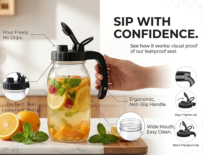 Glass Mason Jars Pitcher Half Gallon With Pour Spout Lid (2 Set) 2 Quart Wide Mouth Fridge Breast Milk Pitcher Airtight Leak Proof 64 oz Jug With Top Flip Cap For Cold Brew Coffee, Iced Tea, Beverage