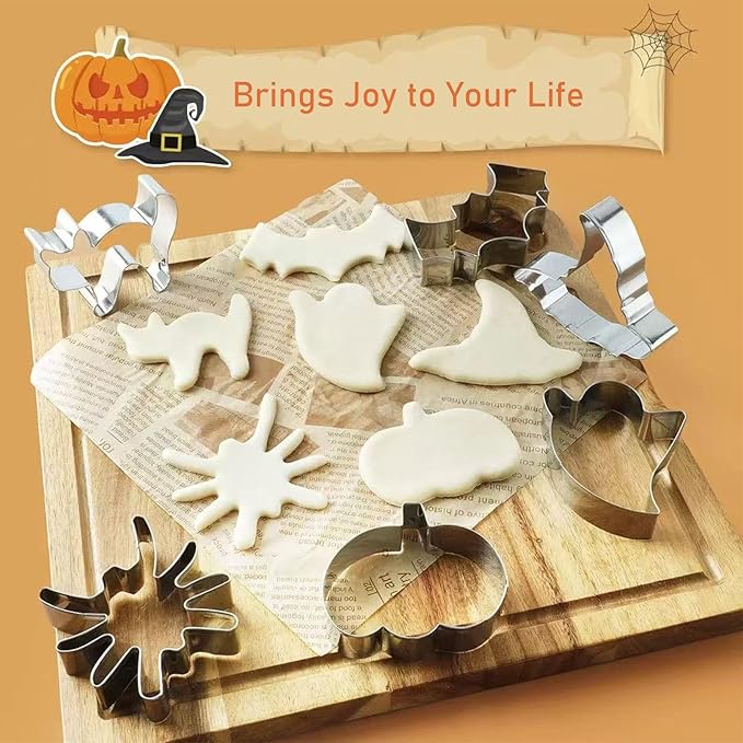12 Pcs Halloween Cookie Cutters Set, Cat, Bat, Owl, Ghost, Pumpkin, Witch hat, Broom, Spider, Spider Web, Coffin, Tombstone Shape, Stainless Steel Metal Biscuit Molds for Baking or Party Decorations