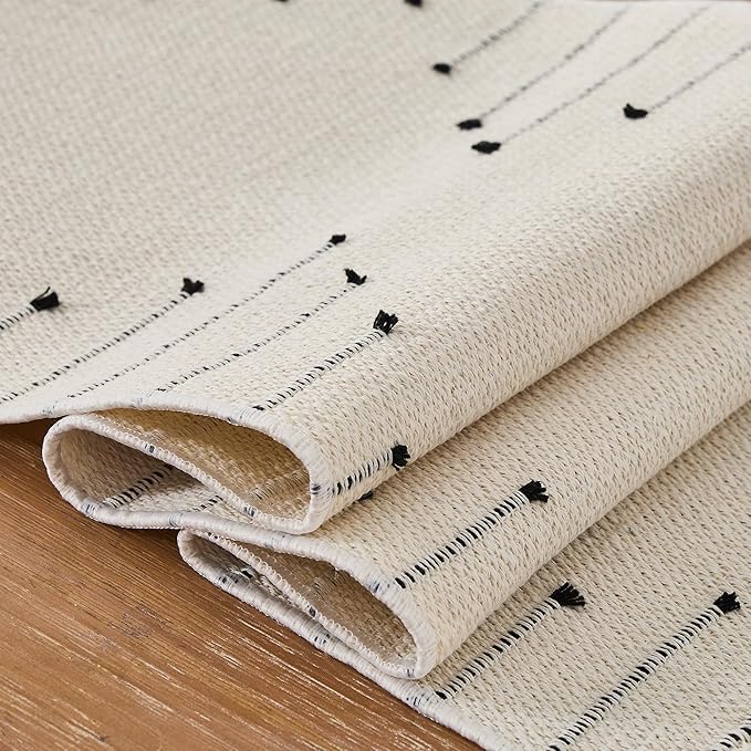 Table Runner 48 Inches Long, Boho Style with Handmade Tassels, 70% Cotton & 30% Linen, Modern Farmhouse Home Decor for Living Room (Beige Black, 12x48 Inch)
