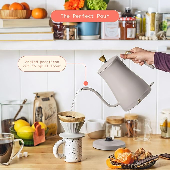 Electric Gooseneck Kettle 1 Liter 1200W Fast Boil with Precision Pour Spout, Stainless Steel Interior, Auto Shut-Off & 360° Swivel Base (Porcini Taupe)