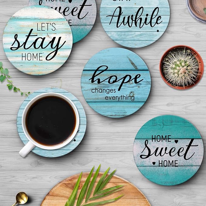 Britimes Coaster for Drinks Set of 6, Antique Teal Blue Wood Beach Table Absorbent Round Ceramic Stone Mat, with Cork Base and Metal Holder, Gift for Housewarming Room Bar Decor