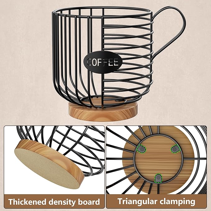 Coffee Pod Holder, 45+ Large Capacity Wire K Cup Storage Organizer with Solid Wood Base, Anti-Slip Coffee Capsule Holder for Kitchen Bar Counter, Compatible with K-Cups/Nespresso Espresso Capsules