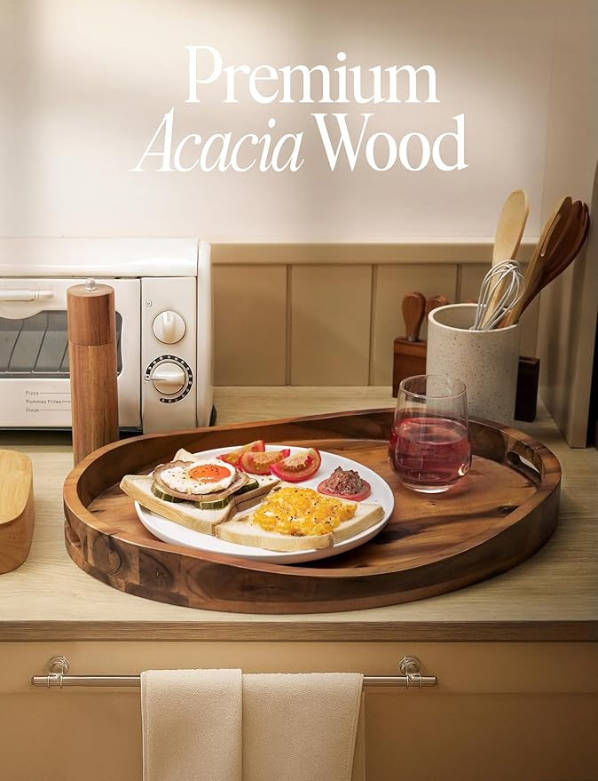 TIDITA Acacia Oval Wooden Serving Tray with Handles - 16.5" x 13" Ottoman Table Oval Wooden Tray - Round Serving Tray - Ottoman Tray for Living Room, Coffee Table Decor, Serving Platter (Acacia)