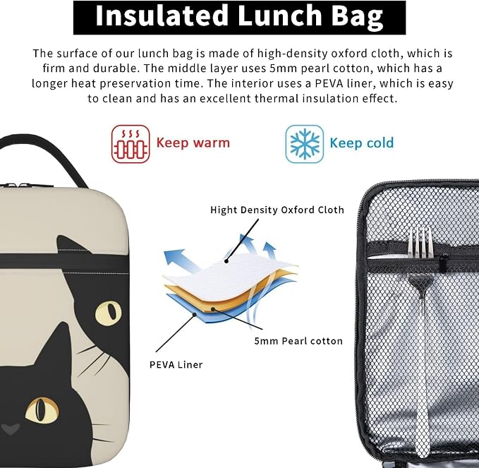 Black Cat Lunch Box for Adults Women Girls Boys Kids Funny Cat Lunch Box Insulated Cooler Reusable Lunch Bag Container Gifts for Work Office Picnic Travel School