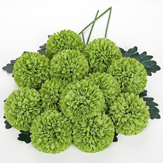 Briful 12 Pcs Artificial Green Chrysanthemum Stems – 11” Tall Silk Mums Flower Heads with Green Leaves, Flexible Stems for Fall Floral Pick Arrangements, Home, Wedding & Seasonal Decorations