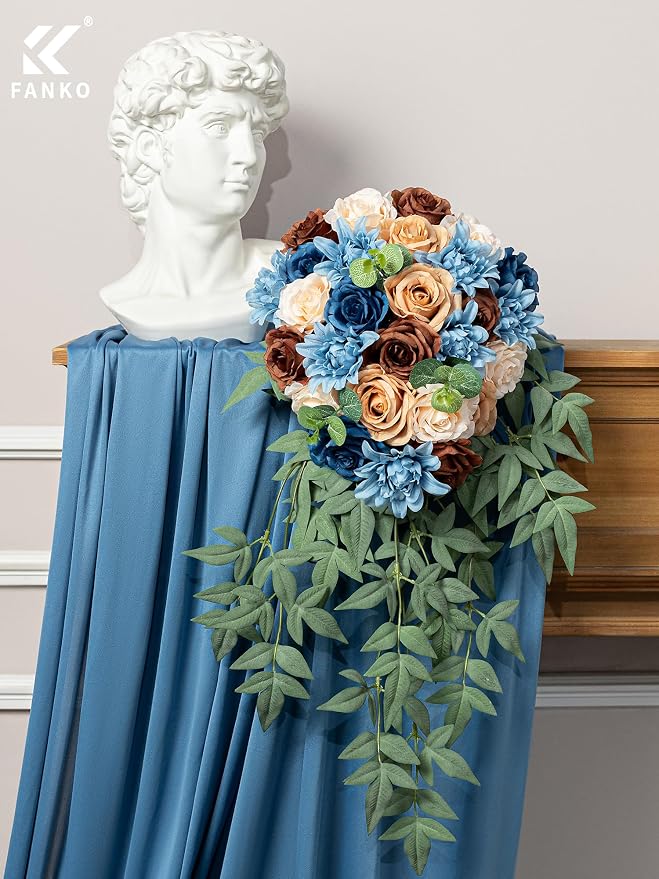 FANKO Artificial Flowers for DIY, Blue Brown Faux Flowers Bouquet, Fake Flowers with Roses Dahlia Silk Flowers for Vase, Home Decor, Wedding Centerpiece, Father’s Day, Party