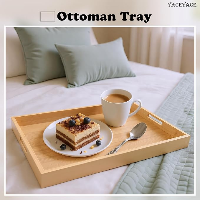 Serving Tray with Handles, 17"x12.5"x1.5" Large Bamboo Serving Tray for Ottoman, Decor Tray for Breakfast, Living Room, Drink, Coffee Table