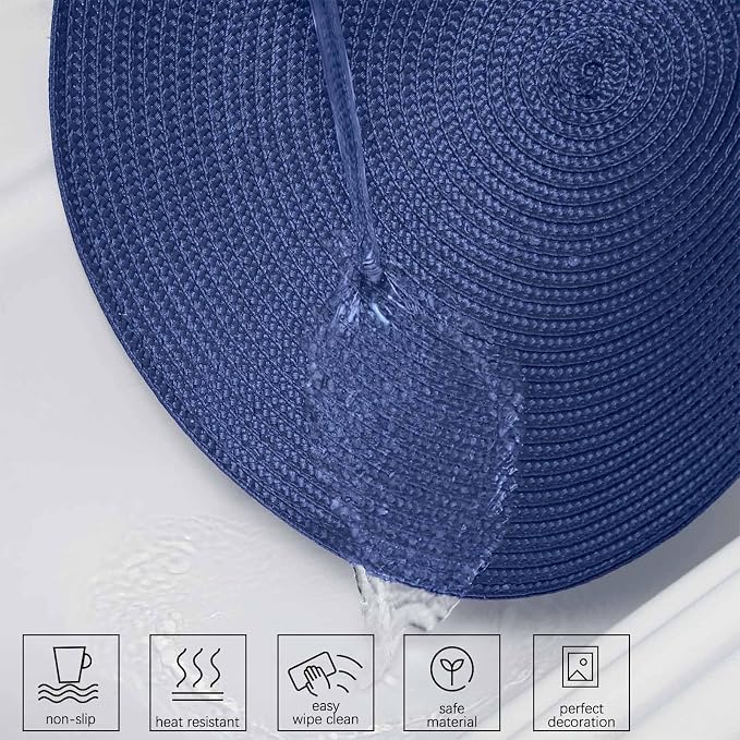AHHFSMEI Round Placemats Set of 6 Heat Resistant Washable Non-Slip Woven Braided Table Mats for Dining Table Kitchen & Home Decor (Navy Blue)