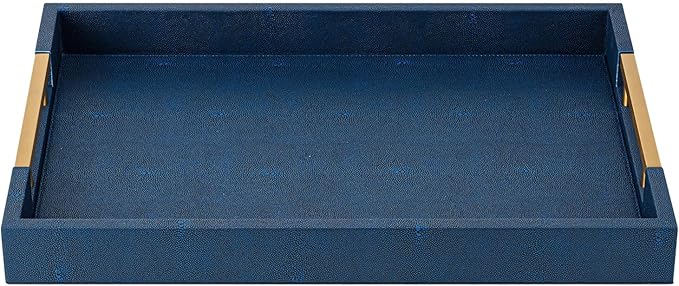 Navy Blue Faux Leather Serving Tray with Handles – Large Decorative Tray for Coffee Table, Ottoman, Living Room, Bathroom – Home Decor