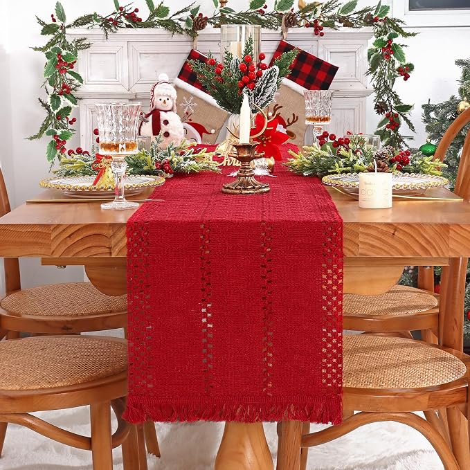 Macrame Table Runner Christmas Red Boho Table Runners with Tassels Hand Woven Cotton Table Runner Rustic Farmhouse Table Runners for Xmas Kitchen Dining Table(12x71in)
