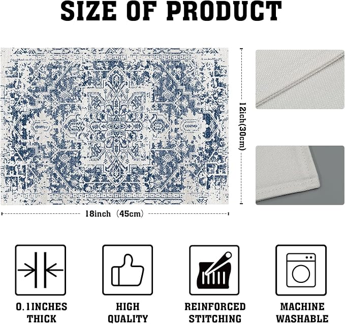 Navy Blue Gray Boho Placemats Set of 6 Ethnic Bohemian Carpet Place Mats Washable Kitchen Dining Vintage Grey Geography Floral Linen Table Mats Stain Heat-Resistant for Home Party Indoor 12x18 in