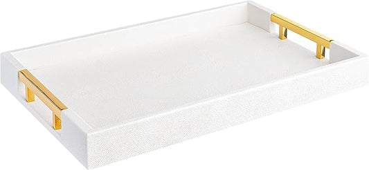 Home Redefined Modern Elegant 17.5"x12" Rectangle Glossy Faux Leather Shagreen White Decorative Serving Tray with Gold Polished Metal Handles for Ottoman Coffee Table Perfume