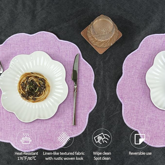 AHHFSMEI Round Faux Linen Placemats Set of 6 Heat Resistant Non-Slip Stain Proof Table Mats for Kitchen Dining Elegant Decor Place Mats (6, Purple)
