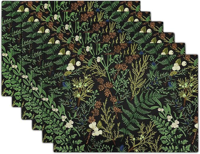 Spring Green Leaves Placemats Set of 6 Botanical Fern Leaf Floral Place Mats Washable Kitchen Dining Summer Black Linen Table Mats Stain Heat-Resistant for Home Party Indoor 12x18 in