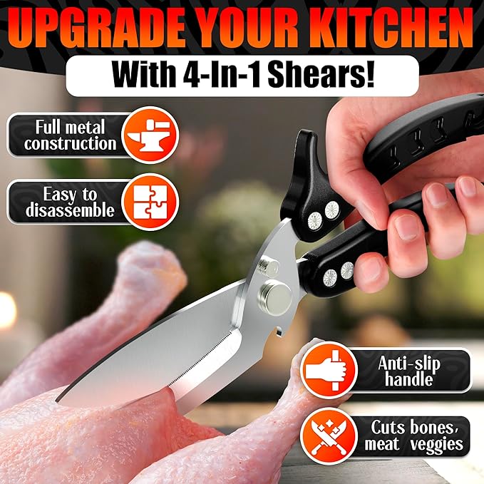 Heavy Duty Poultry Shears – Kitchen Shears Dishwasher Safe, Spring-Loaded, 3Cr14 Steel, Micro-Serrated, Separates for Easy Cleaning | Bone Scissors for Chicken, Turkey, Seafood & Fish Scale (Black)
