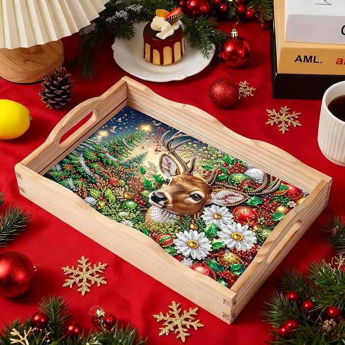 DIY Diamond Serving Tray with Handle Handmade Gem Painting Wooden Rectangular Breakfast Tray for Dinner Plate Coffee Room Living Home Organizer-Christmas Deer