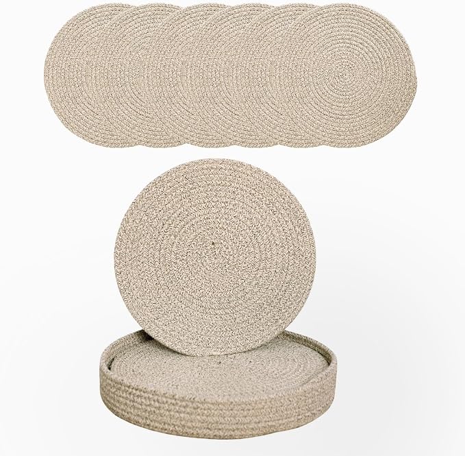 Round Placemats Set of 6 with Basket, 13" Cotton Woven Table Mats, Non-Slip Heat-Resistant, Washable Dining Chargers, Kitchen Hot Pads, Farmhouse Décor, Wedding & Holiday Use (Mix Brown)