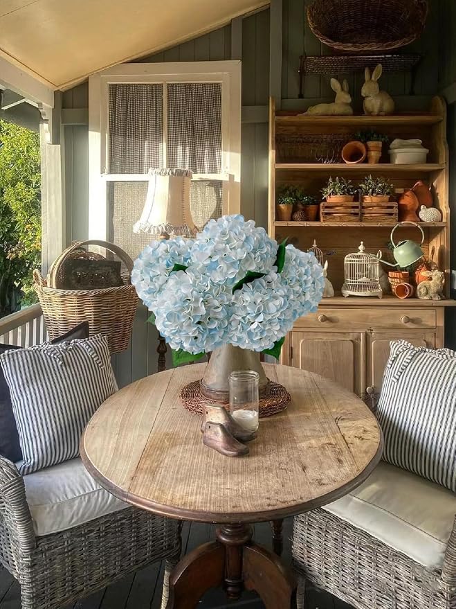 ZYTUYO 5 Pcs White & Light Blue Silk Hydrangeas Artificial Flower Boho Dried Touch 20'' Faux Hydrangeas for Indoor Home Decor Kitchen Living Room Outdoor Porch Wedding Flower Arrangement