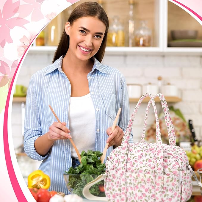 Zhehao Cute Lunch Bag for Women Large Quilted Insulated Lunch Box with Shoulder Strap, Crossbody Portable Leakproof Cooler Tote Bag for Adult Work Teacher Staff Office Travel Picnic(Pink Flower)