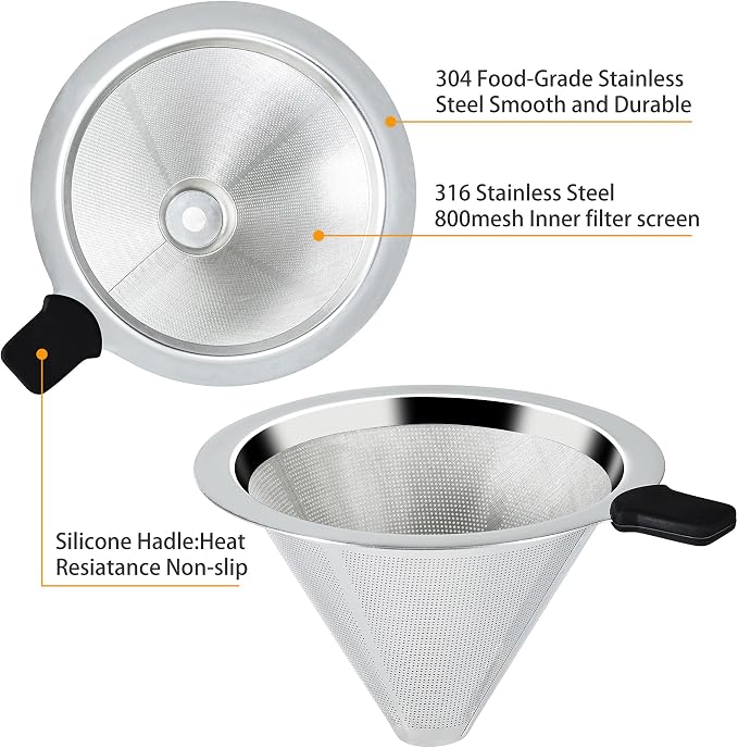 Pour Over Coffee Dripper Slow Drip Paperless Coffee Filter, Double Mesh Stainless Steel Pour Over Coffee Maker for Single Cup Brew Reusable Cone Filter, Coffee Drip Cone, Fine Mesh Strainer(1-2 Cup)