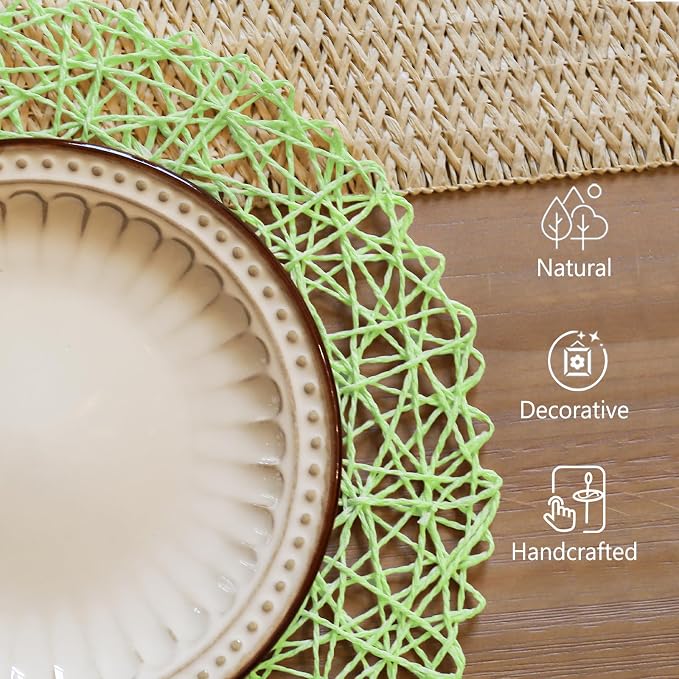 AHHFSMEI Paper Braided Round Placemats Set of 12 Natural Non-Slip Heat Resistant Table Mats for Dining Tables Woven Indoor Outdoor Place mats(Light Green,12)