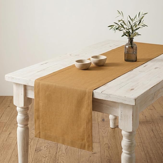 Solino Home Linen Table Runner 72 Inches Long - 100% Pure Linen Caramel Dining Table Runner 14 x 72 Inch for Spring, Summer - Fete