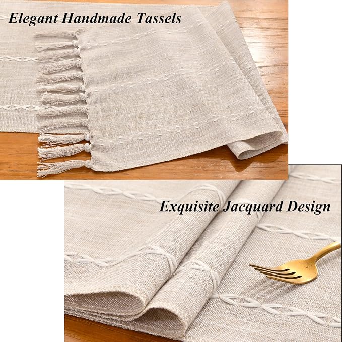 Wracra Rustic Linen Table Runner Farmhouse Style Table Runners 72 inches Long Embroidered Fall Table Runner with Hand-Tassels for Party, Dresser and Dining Room Decorations(Light Coffee, 13"×72")