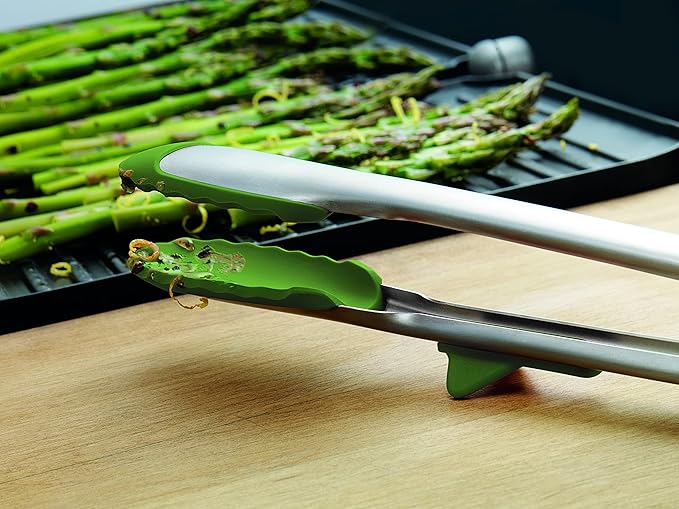 Tovolo Silicone Cooking Utensil Set of 6 Stainless Steel Handle Ladle Slotted Turner Tongs Flex Core Spatula Scraper Mixing Spoon & Potato Masher, Dishwasher Safe BPA Free Utensils, Pesto Green