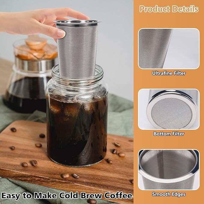 2pcs Cold Brew Filter - Cold Brew Coffee Filter for 32oz Wide Mouth Mason Jar Cold Brew Coffee Maker Pitcher, 304 Stainless Steel Mesh Cold Brew Strainer Infuser for Iced Coffee Tea Maker