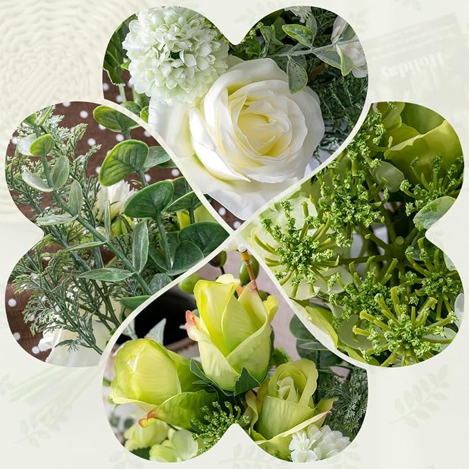 Small Faux Flower Bouquet in White Ceramic Vase (15.75" Tall) - Green & White Artificial Floral Arrangement for Coffee Table Centerpiece, Bathroom & Office Desk Decor
