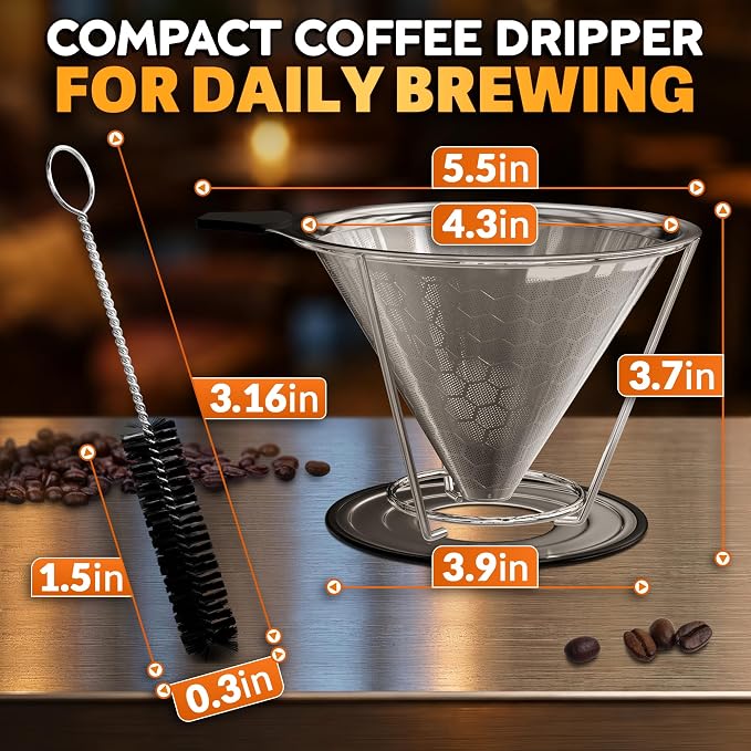 Pour Over Coffee Filter Reusable Stainless Steel - 800 Mesh Dual-Layer Cone Set with Stand and Cleaning Brush - Smooth, Rich Brew, Coffee Dripper Compatible with Hario V60, Chemex Brewers & Most Mugs