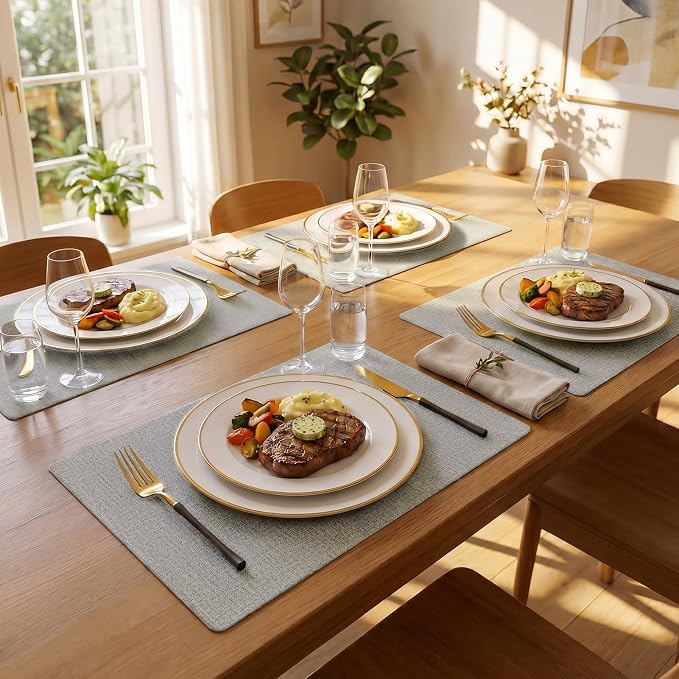 Romanstile Vinyl Placemats Set of 8-12 X 17 Inch - Faux Leather 100% Waterproof Wipeable Anti Slip Place Mats, Heat Resistant Reversible PU Table Mats for Kitchen Dining Party Outdoor, Light Grey