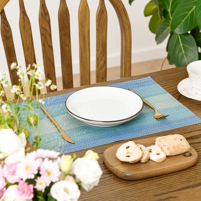 Bloss Blue Placemats Set of 6, Linen Woven Place Mats for Kitchen Table Indoor/Outdoor, 12" x 18" Washable Gradient Blue Placemat Dining Table Mats