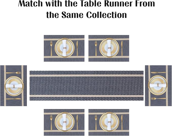 FAVE Placemats Set of 6 Blue Placemats Woven with Golden Threads Durable and Wipeable Vinyl Placemat Heat Resistant Table Mats Set of 6 High Texture Place Mats for Kitchen Table（Blue placemat）