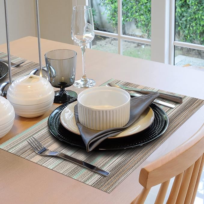 Winknowl Placemats Set of 8, Heat Resistant Non-Slip Vinyl Woven Table Mats for Dining Table, Washable Durable Elegant Place Mats for Kitchen Indoor/Outdoor Use (Teal Green)