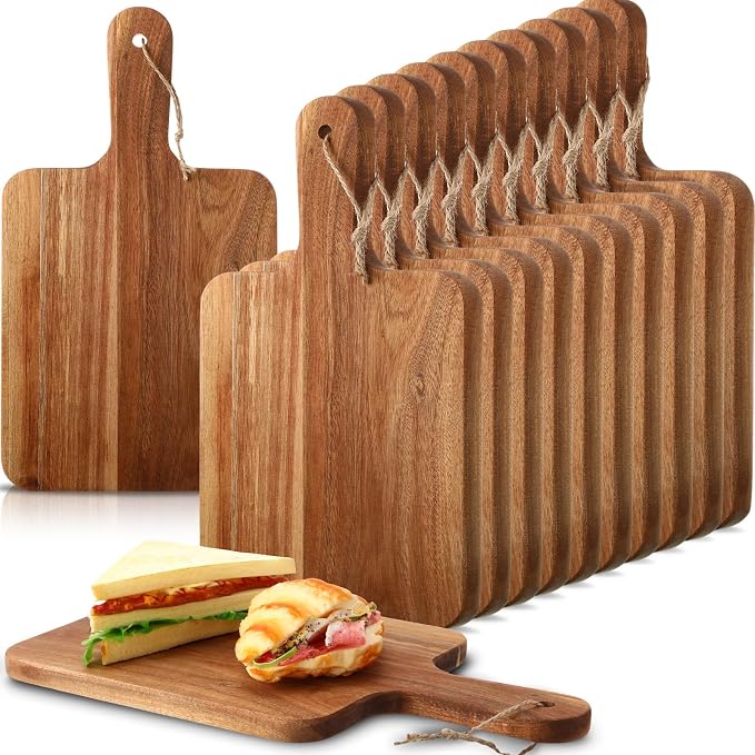 Geetery 16 Pcs Acacia Wood Cutting Board with Handles Bulk, Wooden Charcuterie Boards Serving Chopping Boards for Kitchen, Pizza, Bread, Vegetables, Laser Engraving, Housewarming Gifts(14 x 8 Inch)