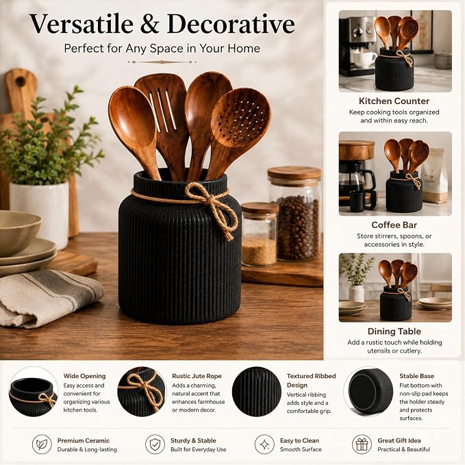 Farmhouse Ceramic Kitchen Utensil Holder for Countertop,Retro Country-Style Vertical-Striped Hemp Rope Design,Modern Kitchen Counter Organizer for Cooking Utensils ,Kitchen Decor & Decorative Vase