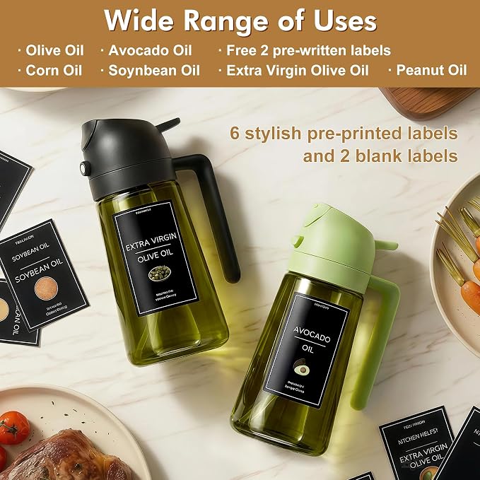 Poshetion 2 in 1 Olive Oil Sprayer for Cooking, 16oz Light-Proof Oil Dispenser for Kitchen, Leak-Proof Oil Spray Bottle for Air Fryer, Salad, BBQ, Baking, Grilling - Black & Green