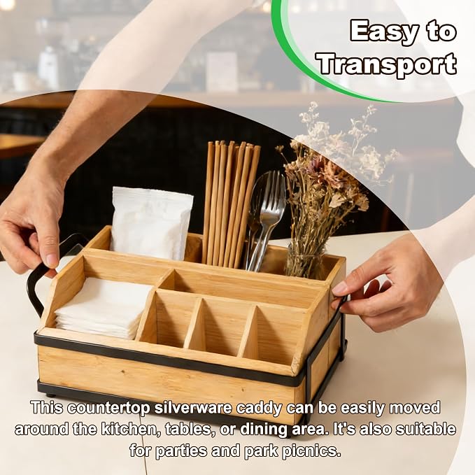 Large Kitchen Utensil Holder Caddy, 6 Compartments Wooden Utensils Organizer for Cooking Utensils, Silverware, Paper Plate, Spoon, Fork, Cutlery Storage on Kitchen Countertop for Party Hosting
