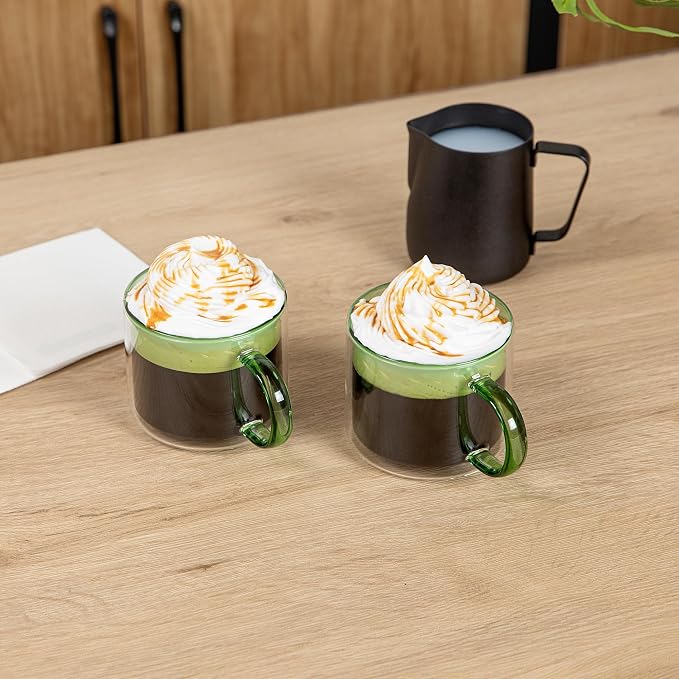 Restaurantware Coffee Cups 2 Pack of 11 oz Double Wall Glass Insulated Coffee Cup Borosilicate Mug Thermal Shock Resistant Handle Modern Design