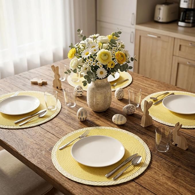 Noctiflorous Braided Round Placemats Set of 6, 15 Inch Woven Table Mats, Non-Slip Washable Place Mats for Kitchen Dining Table Decor (Mint Yellow, 6)