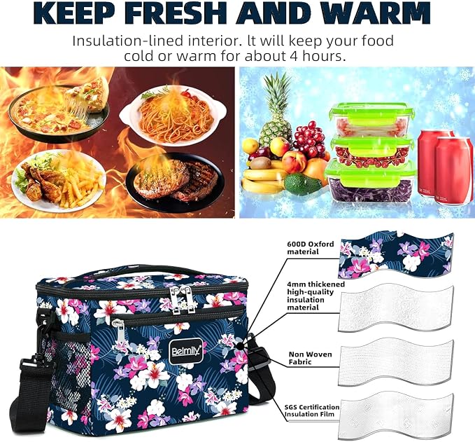 BEIMILY Lunch Box for Men/Women, Small Insulated Lunch Bag, Leak-Proof Soft Cooler Tote Bag, Reusable LunchBox for Work, Travel, Fitness, Picnic with Adjustable Shoulder Strap for Adults(floral white)